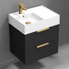 24 inch Small Floating Bathroom Vanity, Modern, Matte Black, Gold Handles